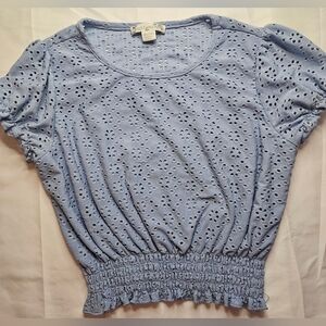 Knit Works Girls Blue Short Sleeve Cropped Floral Cut Out Top Size XL 16